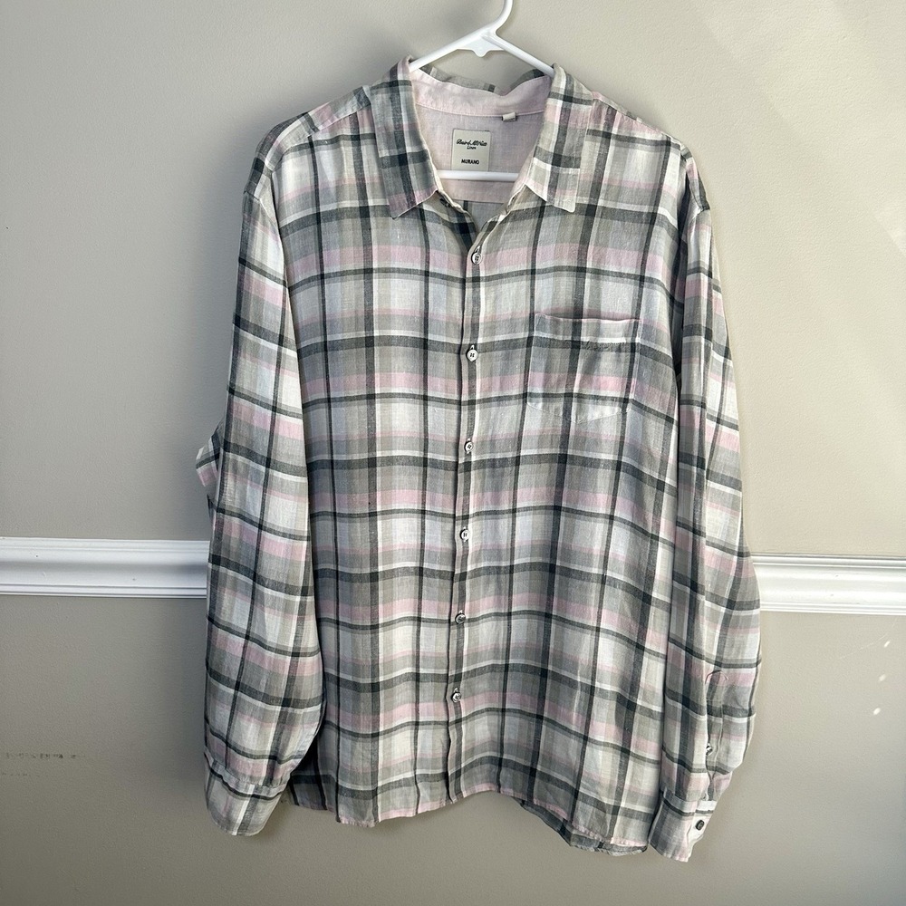 Baird McNutt Murano Mens XL Linen Plaid Shirt Gray Pink Beach Resort Coastal